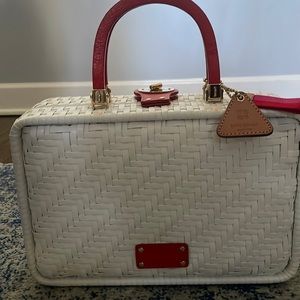 Kate Spade white wicker purse with red leather trim